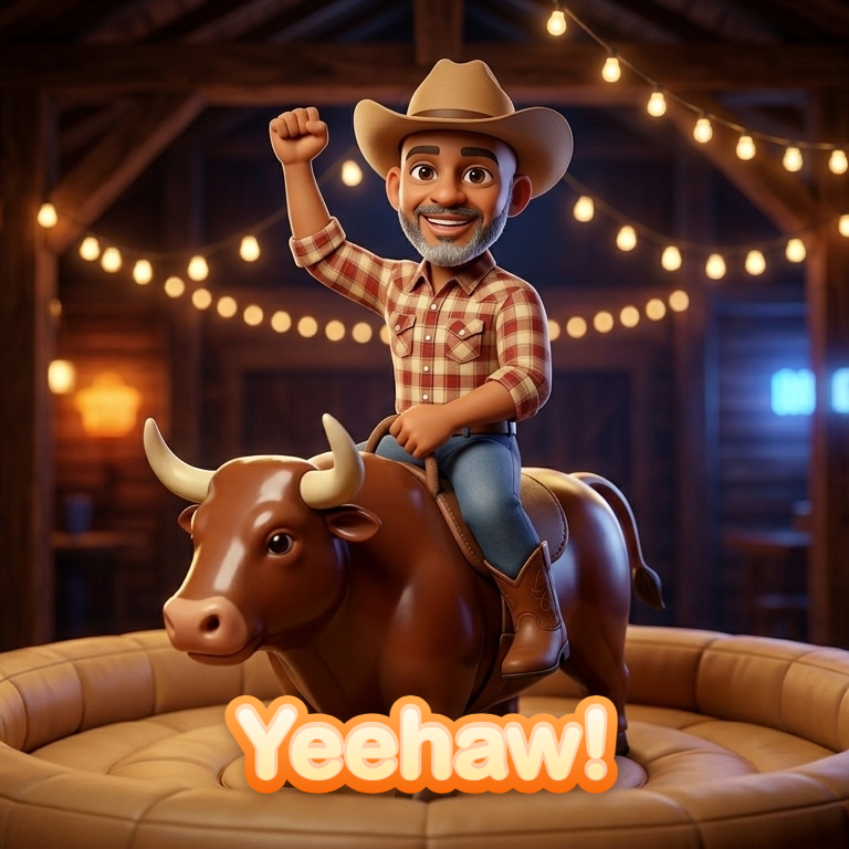 A tiny 3D character of a smiling bald man with a grey beard riding a mechanical bull, with the message Yeehaw!